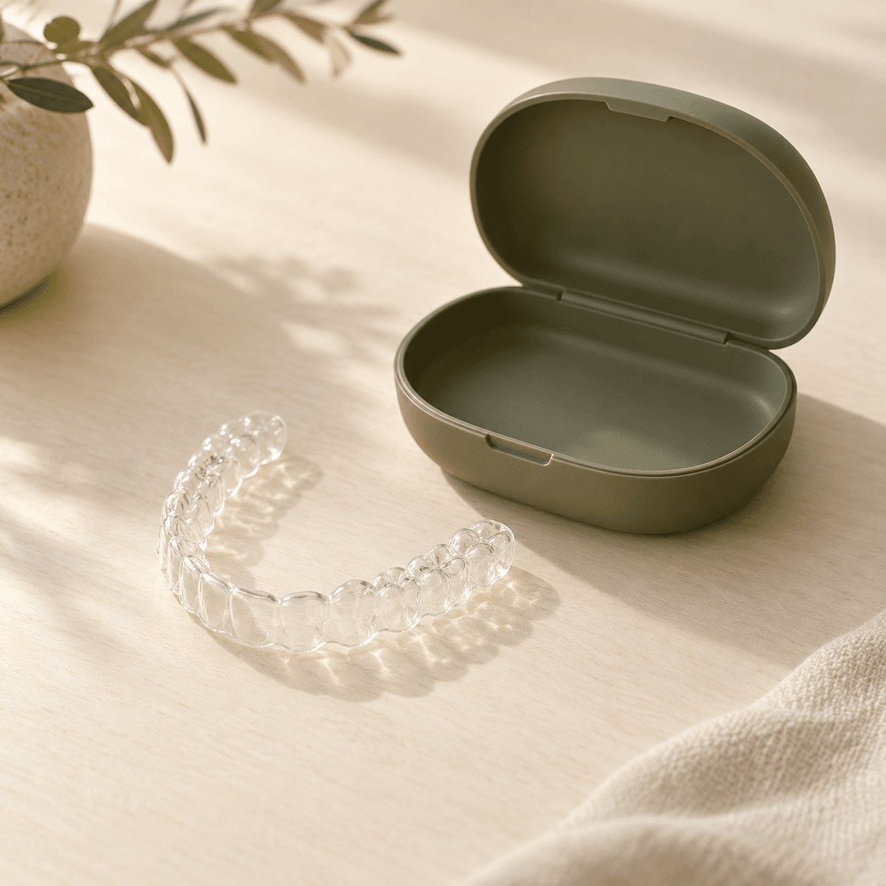 A clear aligner resting beside its case.