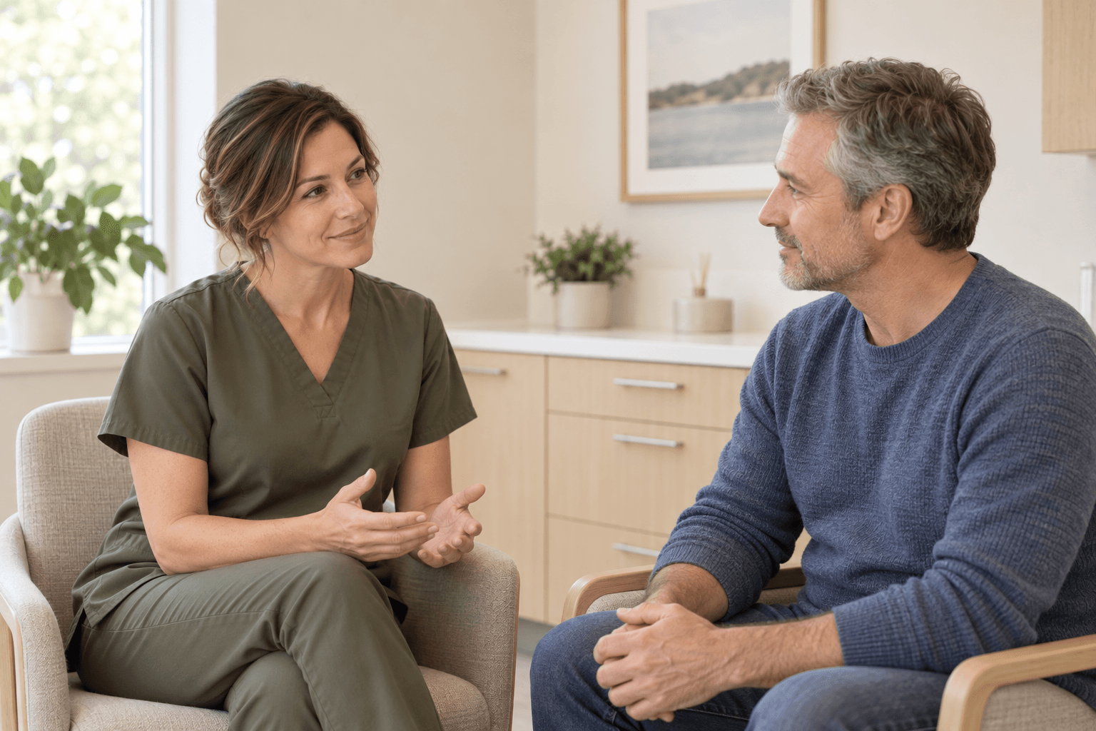 Generated image of a fictional clinician talking with a fictional adult patient during a consultation.