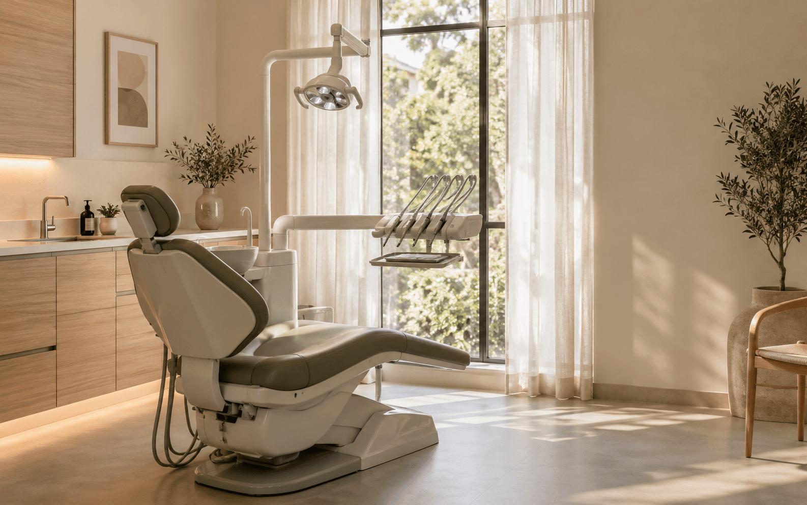 A calm, light consultation room with a dental chair and a window.