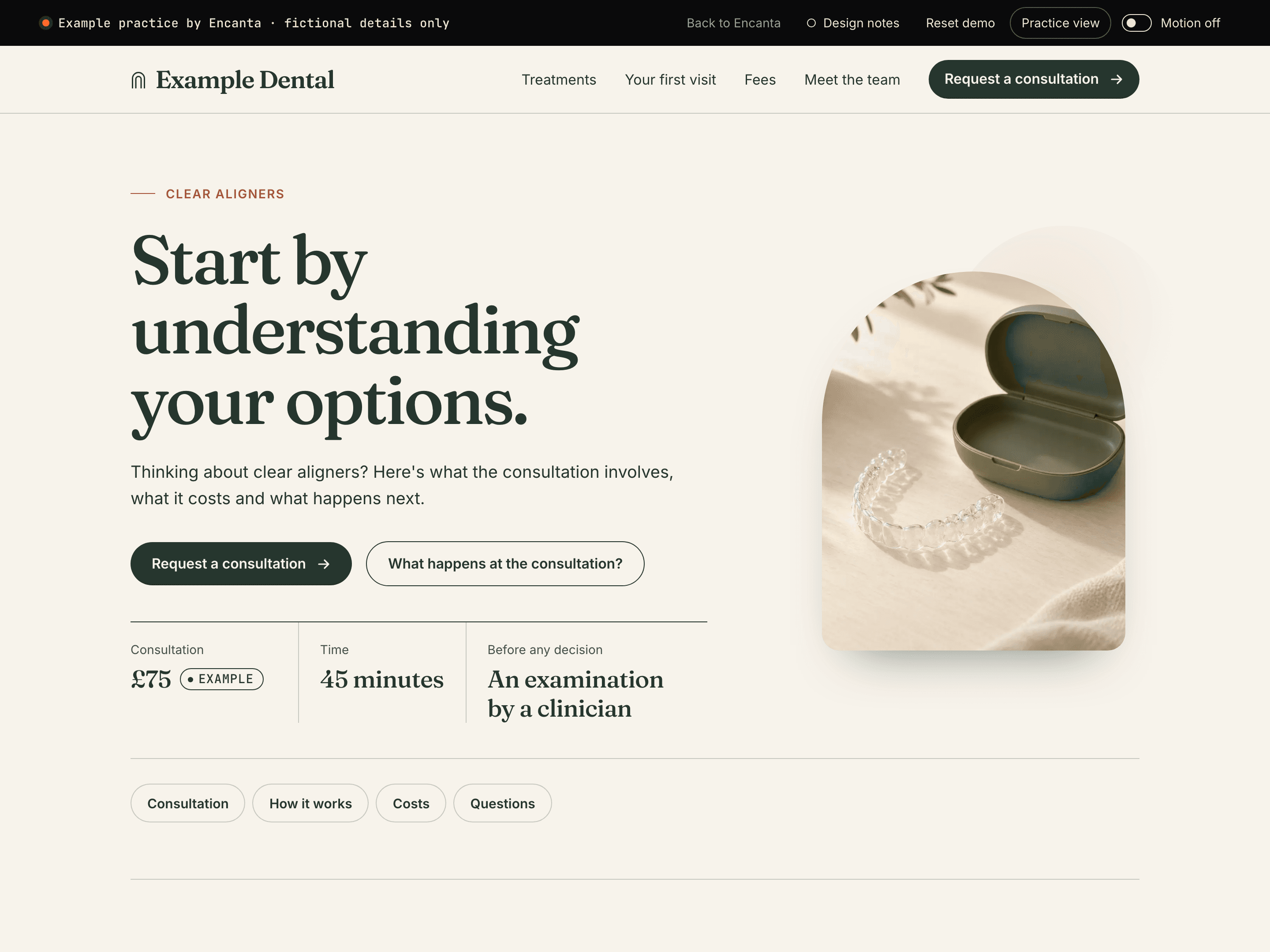 The Example Dental clear-aligner page, showing the consultation fee, time and a request button.
