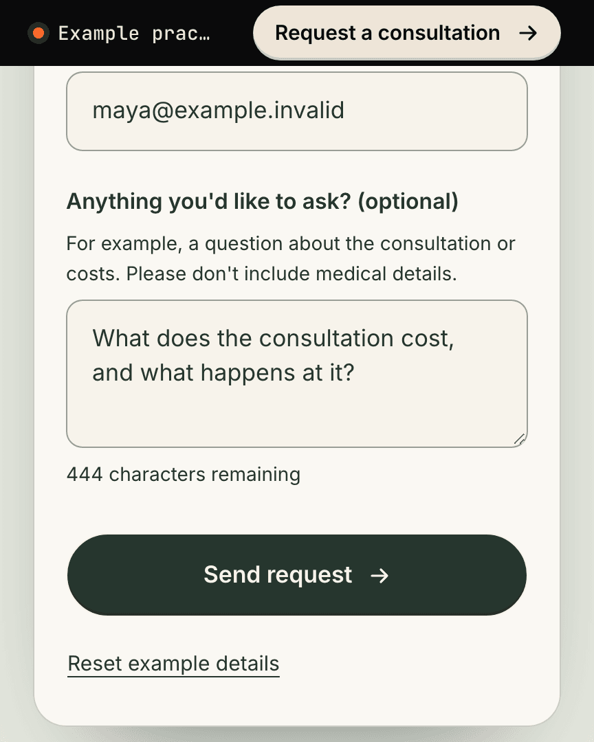 The example request form’s question field, filled with a question about the consultation cost.