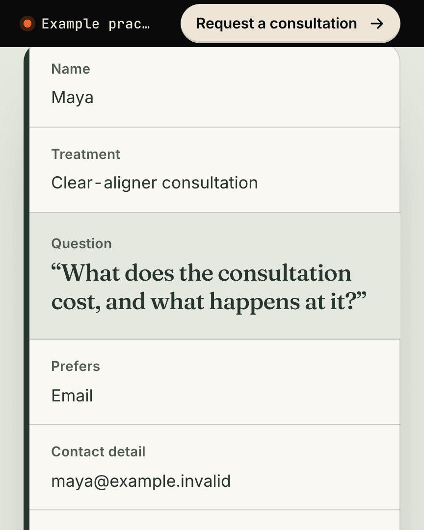 The practice's enquiry record, showing the same consultation question.